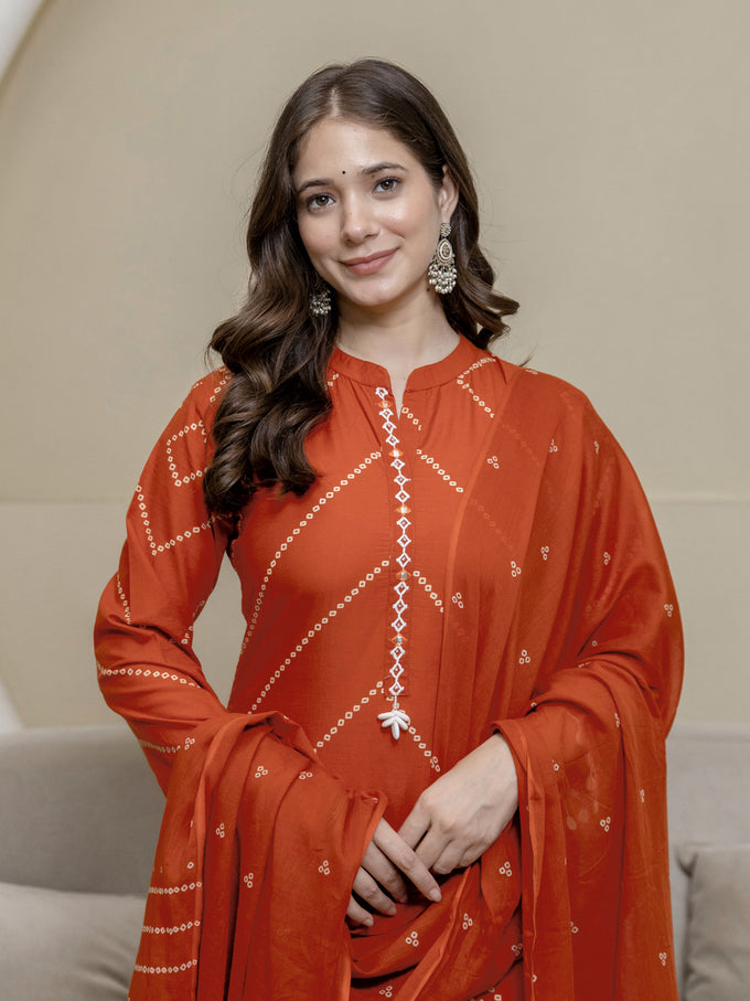 Orange Cotton Embroidery Salwar Suit With Dupatta