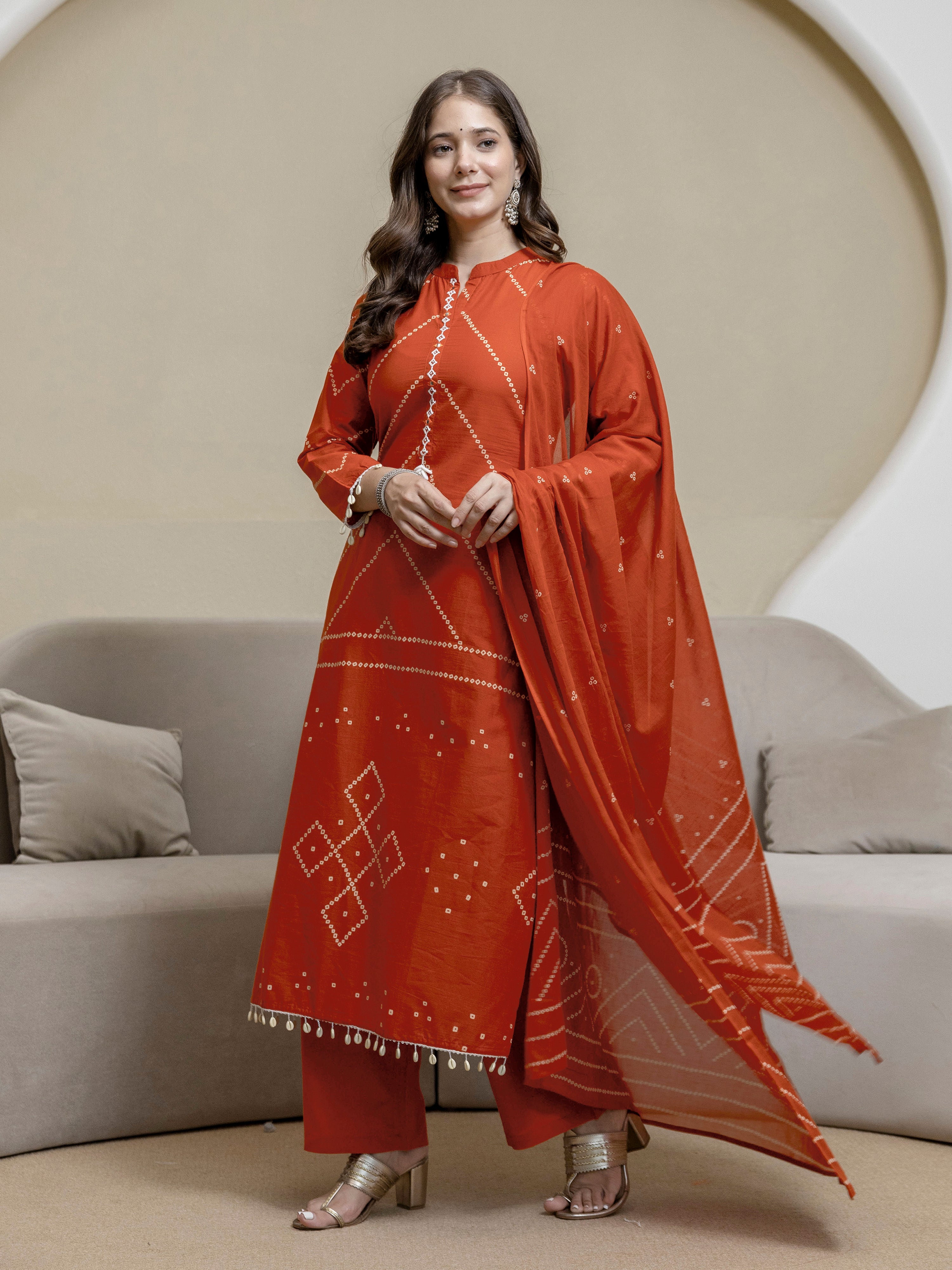 Orange Cotton Embroidery Salwar Suit With Dupatta