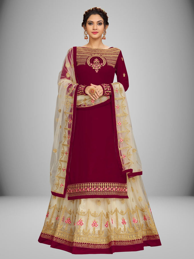 Women's Georgette Net Embroidery Salwar Suit Set Kurta Lehenga with Dupatta Maroon Trendmallsin