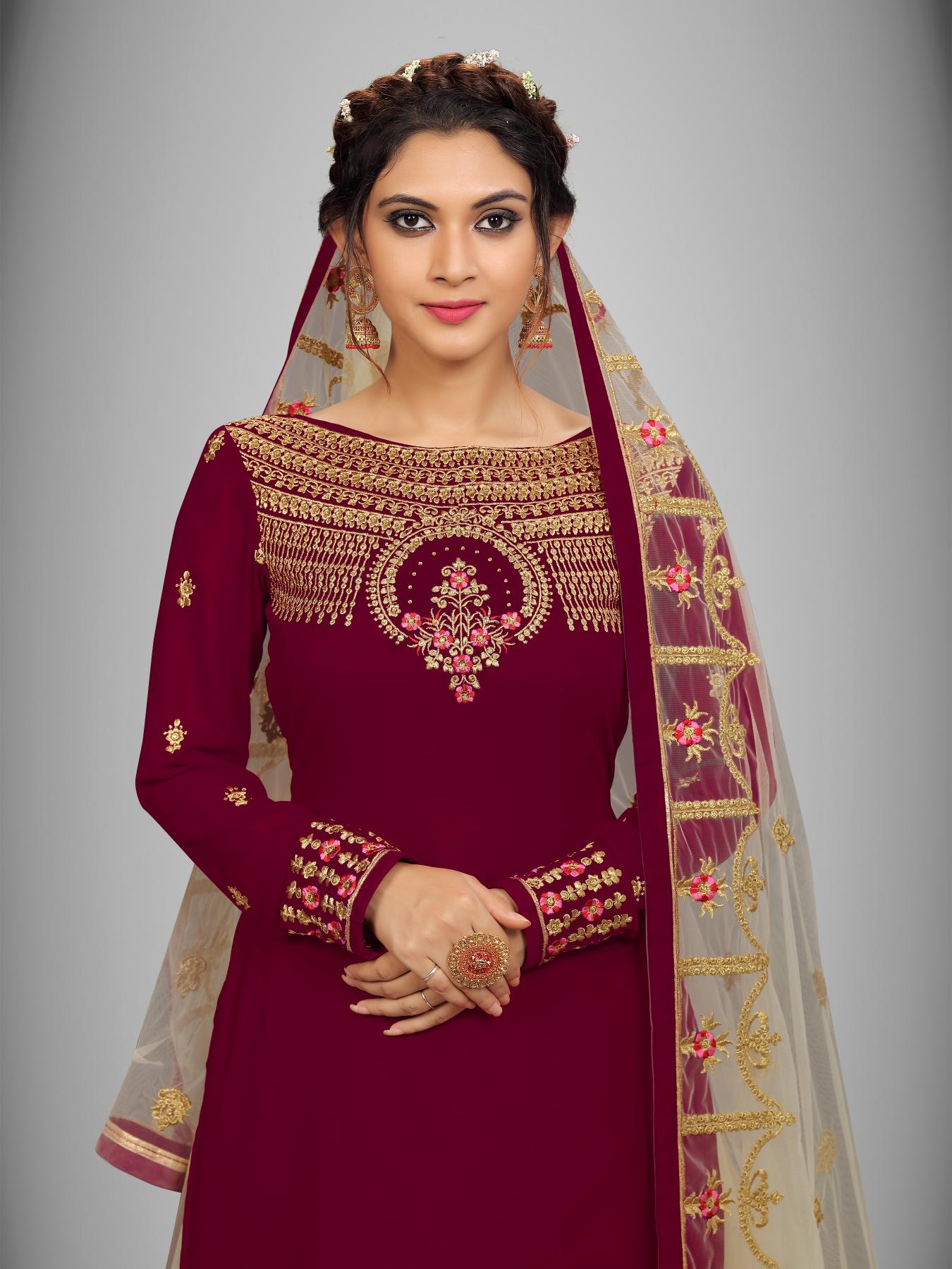 Women's Georgette Net Embroidery Salwar Suit Set Kurta Lehenga with Dupatta Maroon Trendmallsin