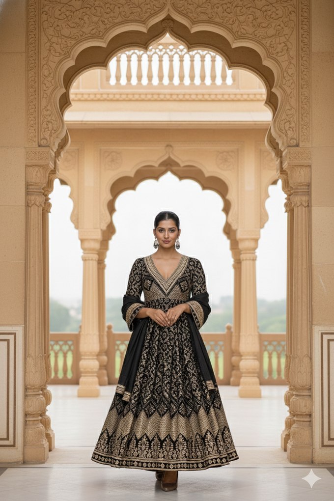 Black Georgette Embroidery sequence Work Anarkali Kurta Pant With Dupatta For Women