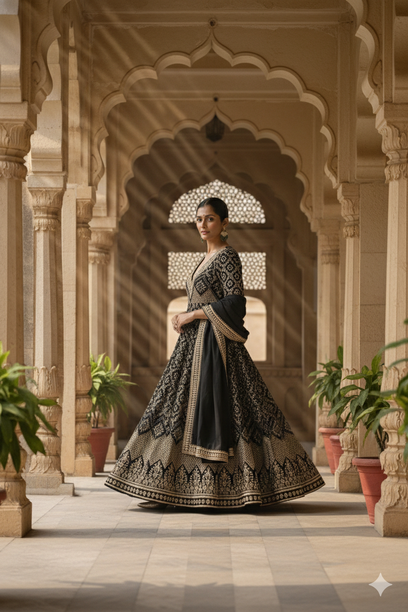 Black Georgette Embroidery sequence Work Anarkali Kurta Pant With Dupatta For Women