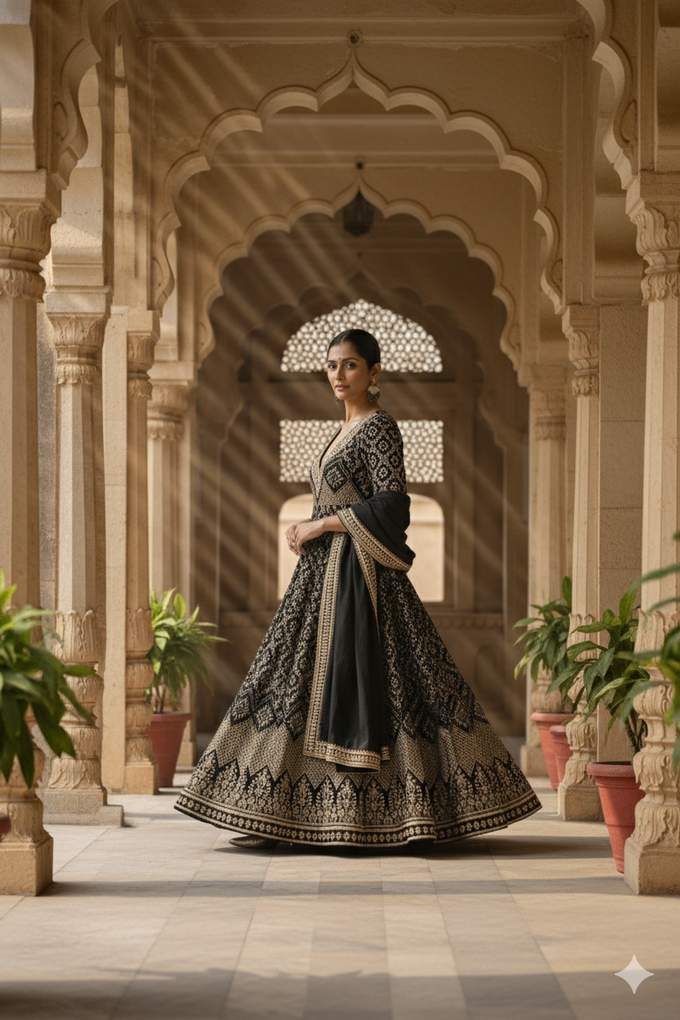 Black Georgette Embroidery sequence Work Anarkali Kurta Pant With Dupatta For Women