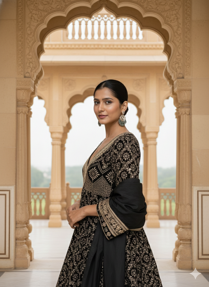 Black Georgette Embroidery sequence Work Anarkali Kurta Pant With Dupatta For Women