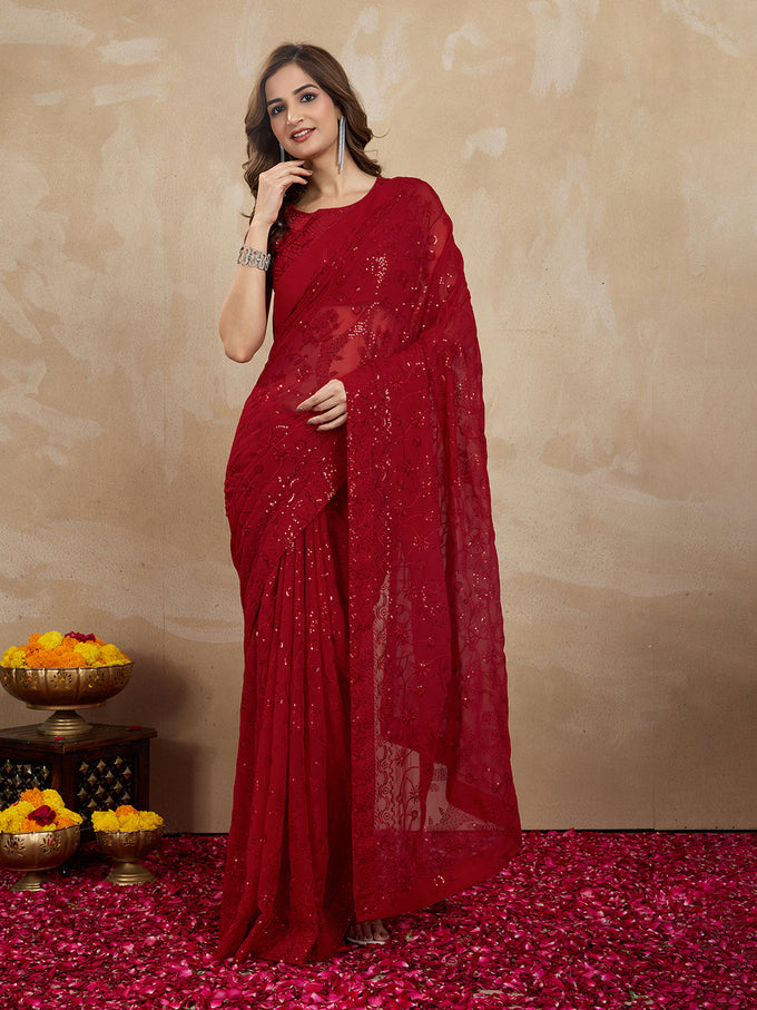 Women's Red Georgette Embroidery Sequence Saree with Unstitched Blouse Piece Trendmalls
