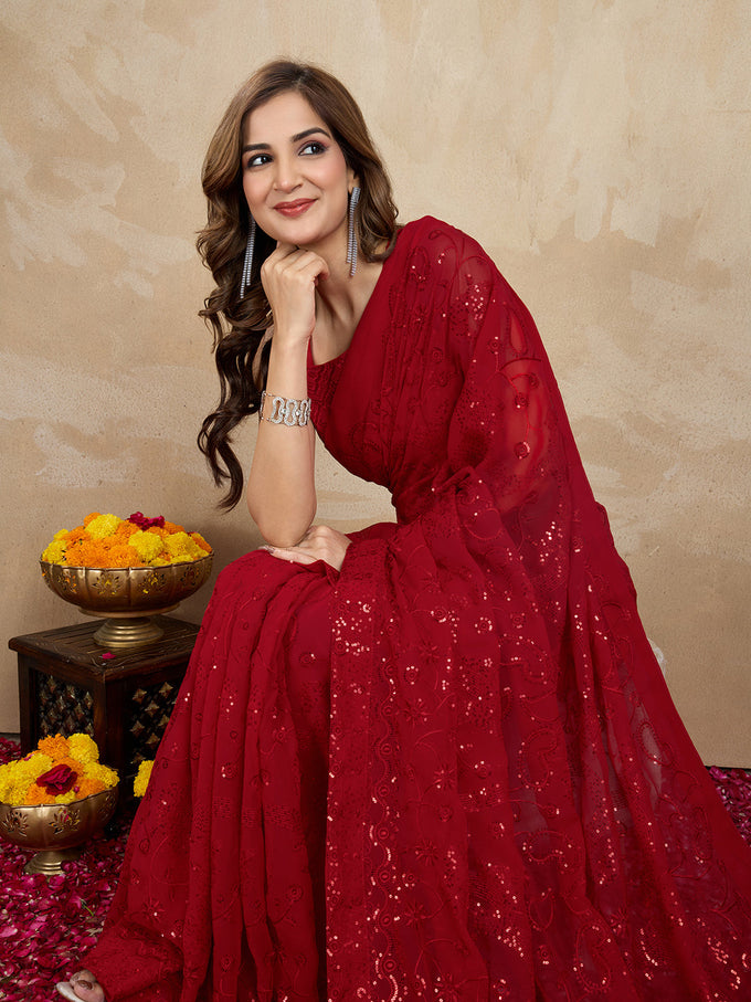 Women's Red Georgette Embroidery Sequence Saree with Unstitched Blouse Piece Trendmalls