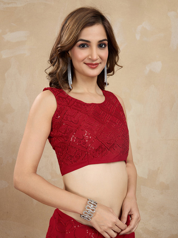 Women's Red Georgette Embroidery Sequence Saree with Unstitched Blouse Piece Trendmalls