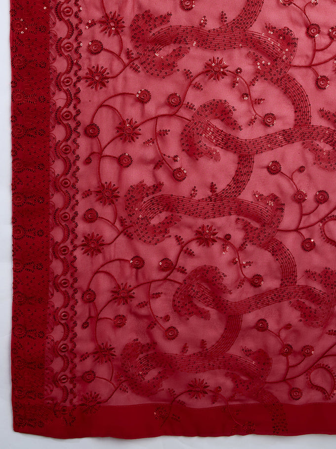 Women's Red Georgette Embroidery Sequence Saree with Unstitched Blouse Piece Trendmalls