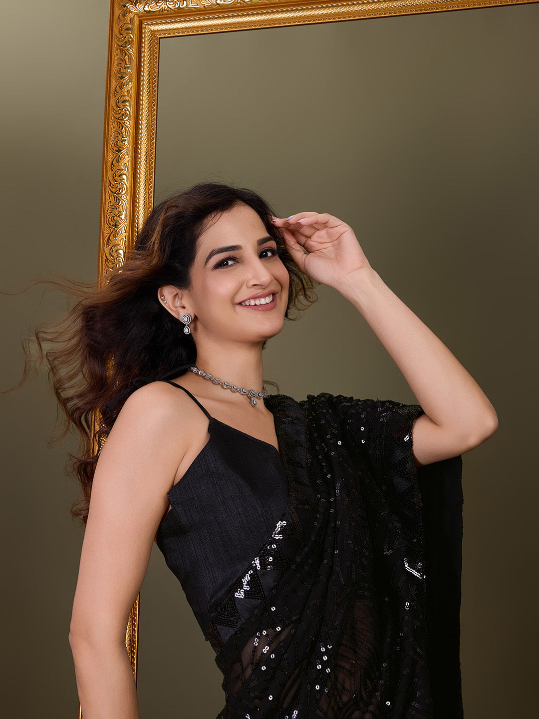Women's Black Georgette Sequence Embroidery Work Saree with Blouse Piece Trendmalls