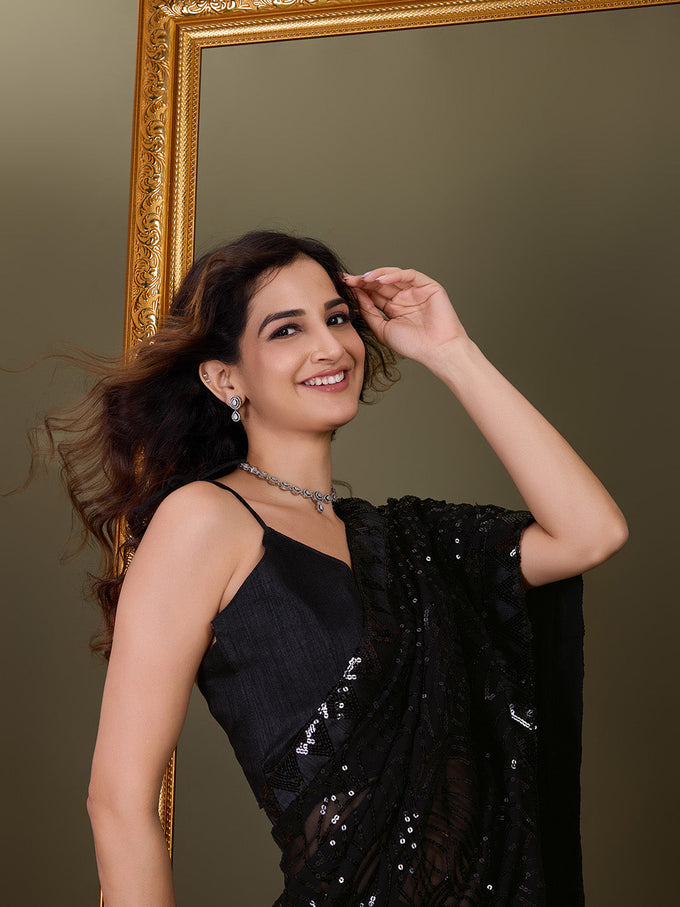 Women's Black Georgette Sequence Embroidery Work Saree with Blouse Piece Trendmalls