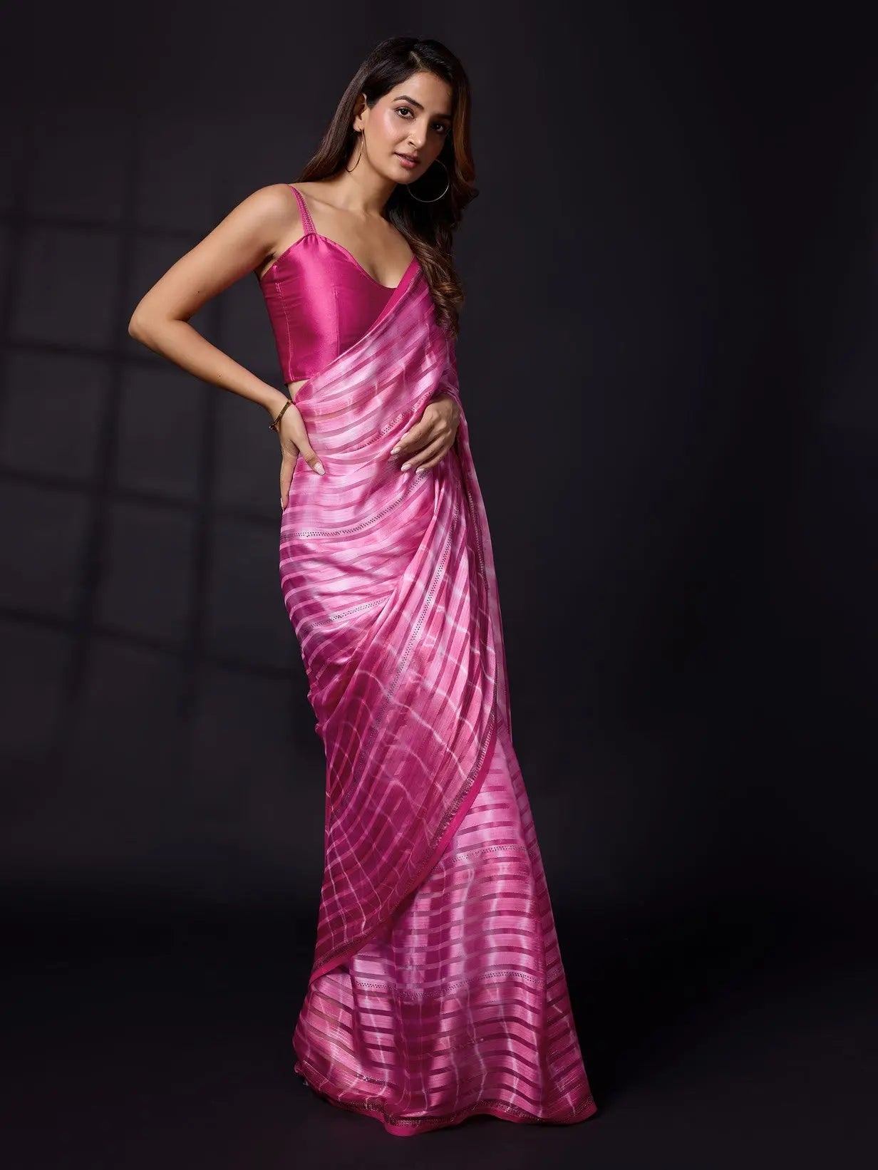 Women's Satin Blooming Siroski Work Saree with Blouse Piece Trendmalls