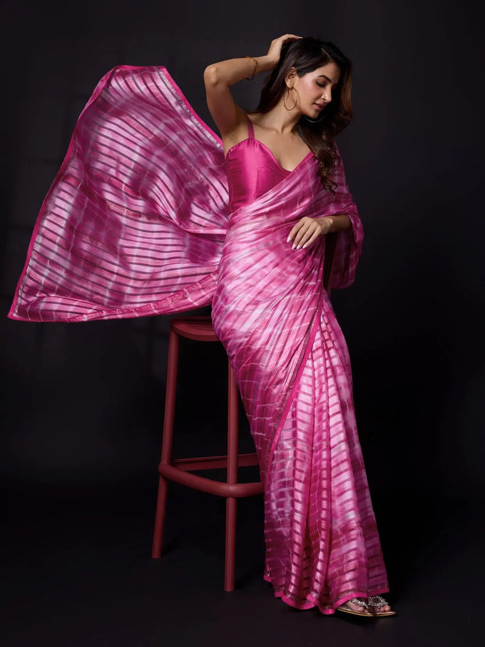 Women's Satin Blooming Siroski Work Saree with Blouse Piece Trendmalls