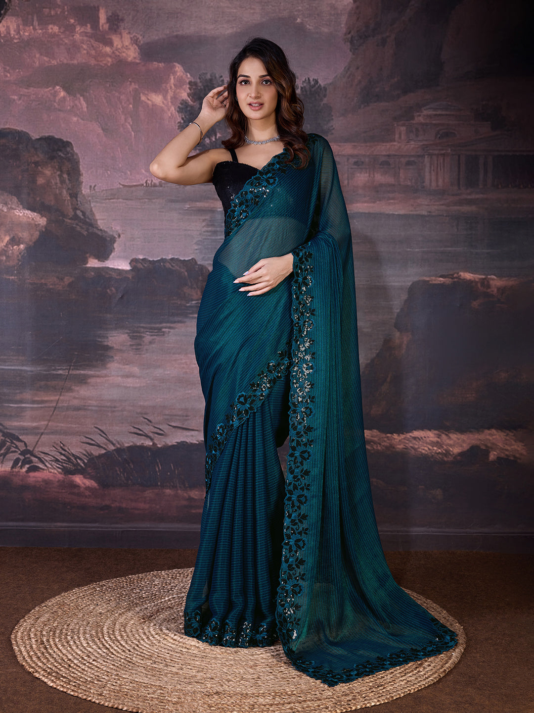 Women's Chiffon Embroidered Border Saree with Blouse Piece Trendmalls