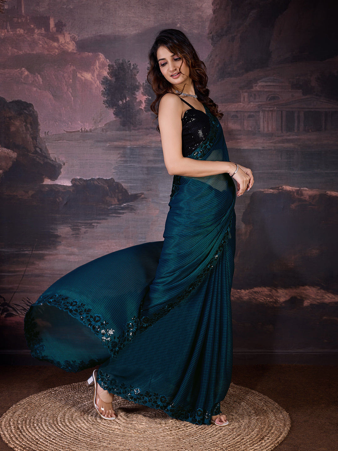 Women's Chiffon Embroidered Border Saree with Blouse Piece Trendmalls