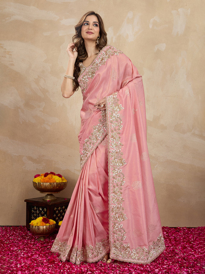 Women's Jacquard Silk Embroidery Sequin Work Saree with Unstitch Blouse Piece Trendmalls