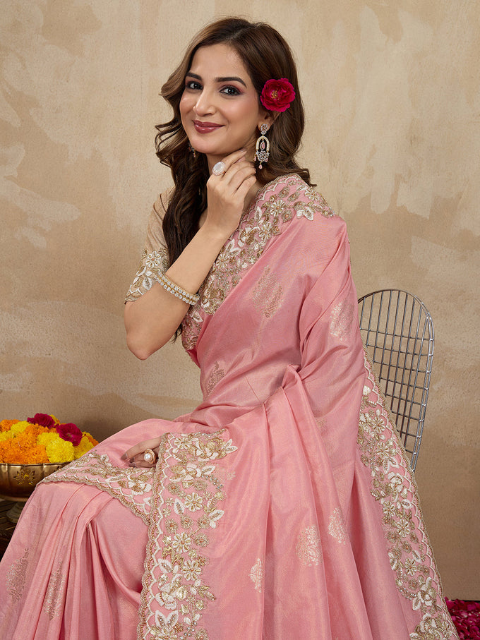 Women's Jacquard Silk Embroidery Sequin Work Saree with Unstitch Blouse Piece Trendmalls