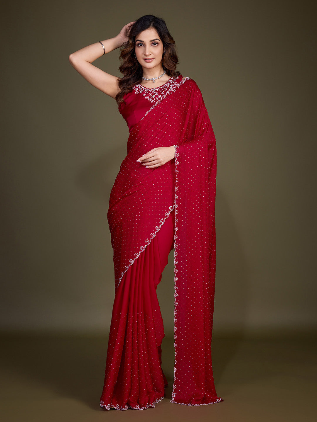 Women's Satin Silk Siroski Zarkan Work Saree with Unstitch Blouse Piece Trendmalls