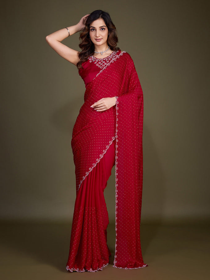Women's Satin Silk Siroski Zarkan Work Saree with Unstitch Blouse Piece Trendmalls