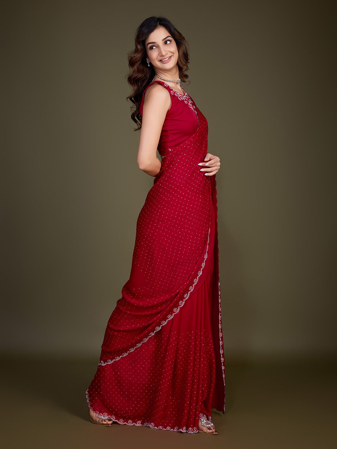 Women's Satin Silk Siroski Zarkan Work Saree with Unstitch Blouse Piece Trendmalls