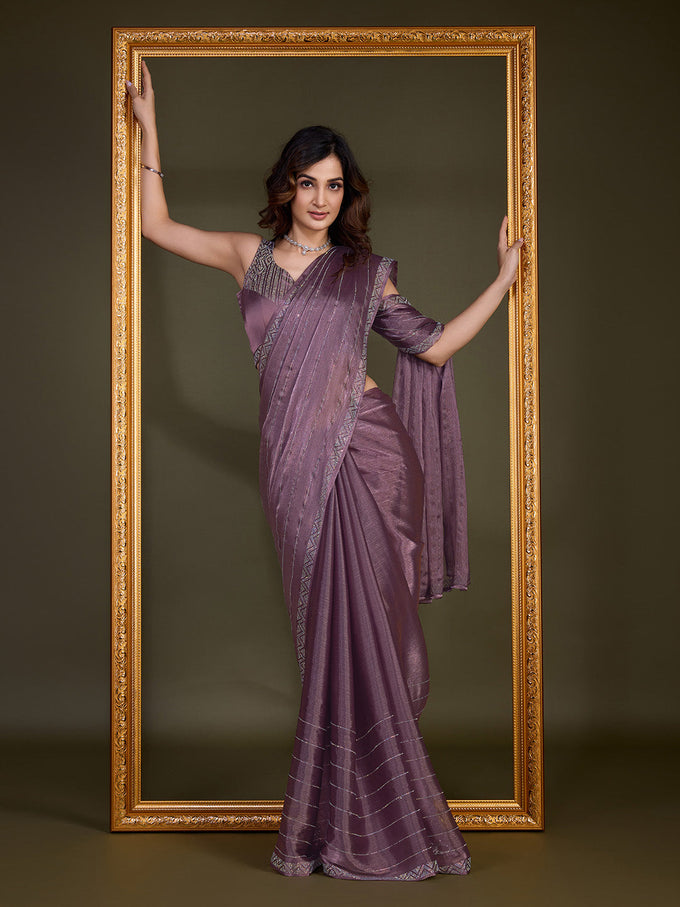 Women's Light Purple Organza Siroski work Saree with Unstitched Blouse Piece Trendmalls