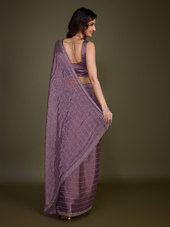 Women's Light Purple Organza Siroski work Saree with Unstitched Blouse Piece Trendmalls