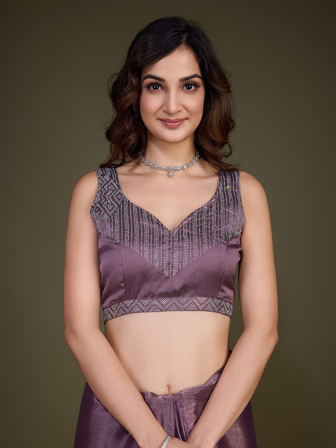 Women's Light Purple Organza Siroski work Saree with Unstitched Blouse Piece Trendmalls