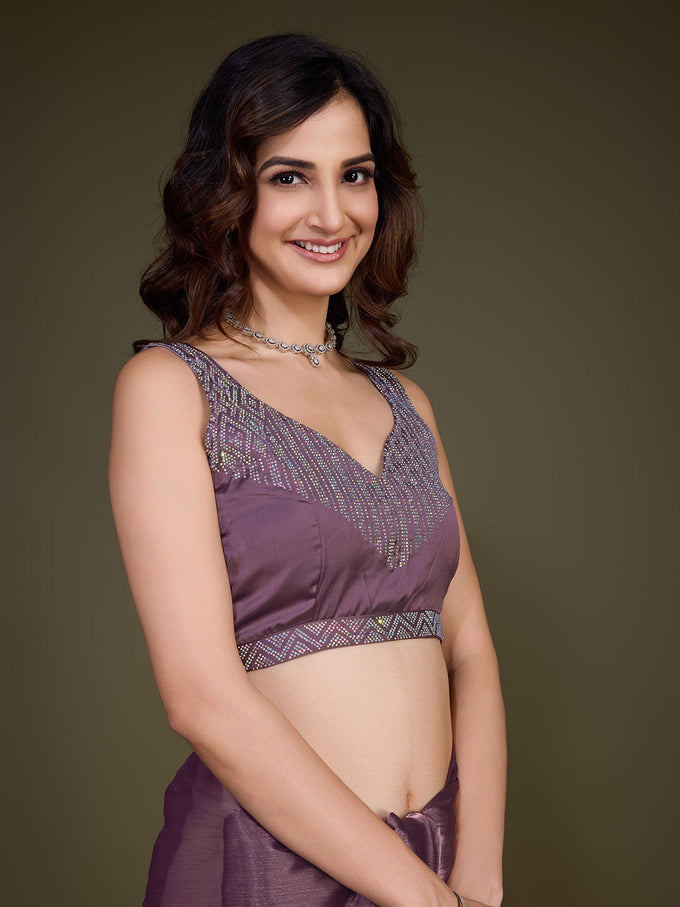 Women's Light Purple Organza Siroski work Saree with Unstitched Blouse Piece Trendmalls