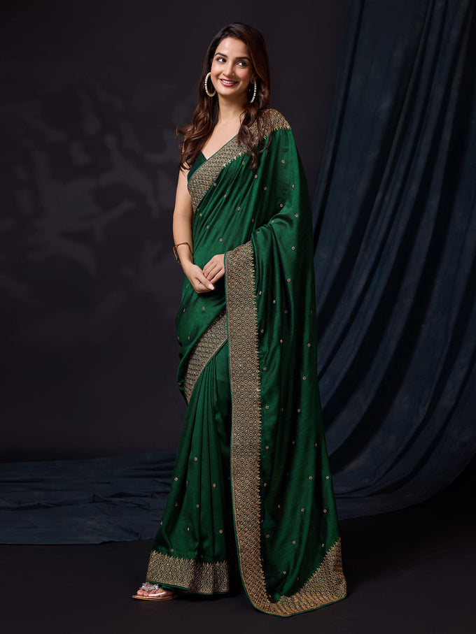 Darkgreen Vichitra Silk Embroidery Work Saree with Unstitch Blouse Piece Trendmalls