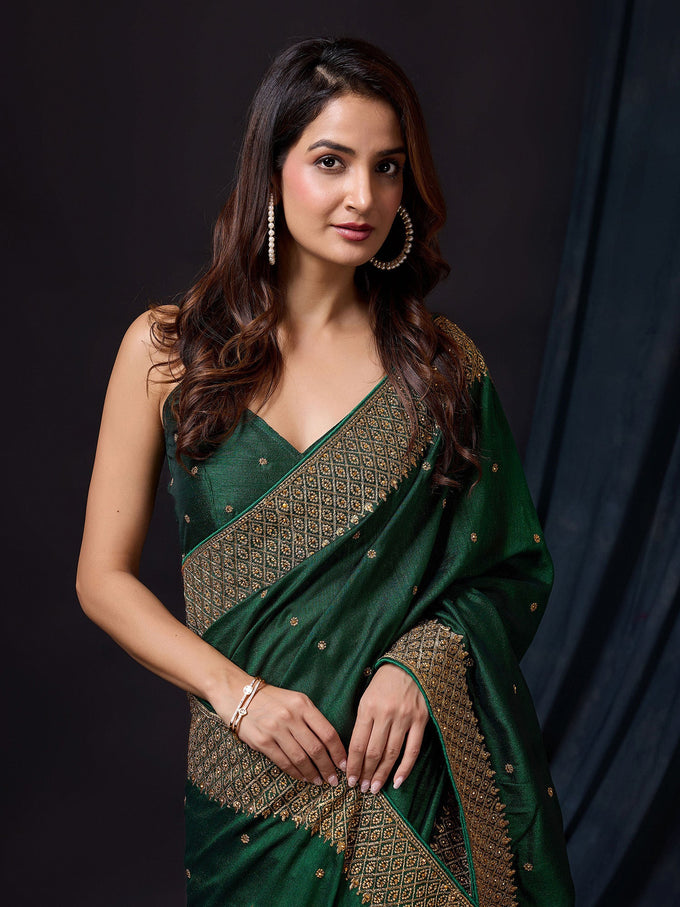 Darkgreen Vichitra Silk Embroidery Work Saree with Unstitch Blouse Piece Trendmalls