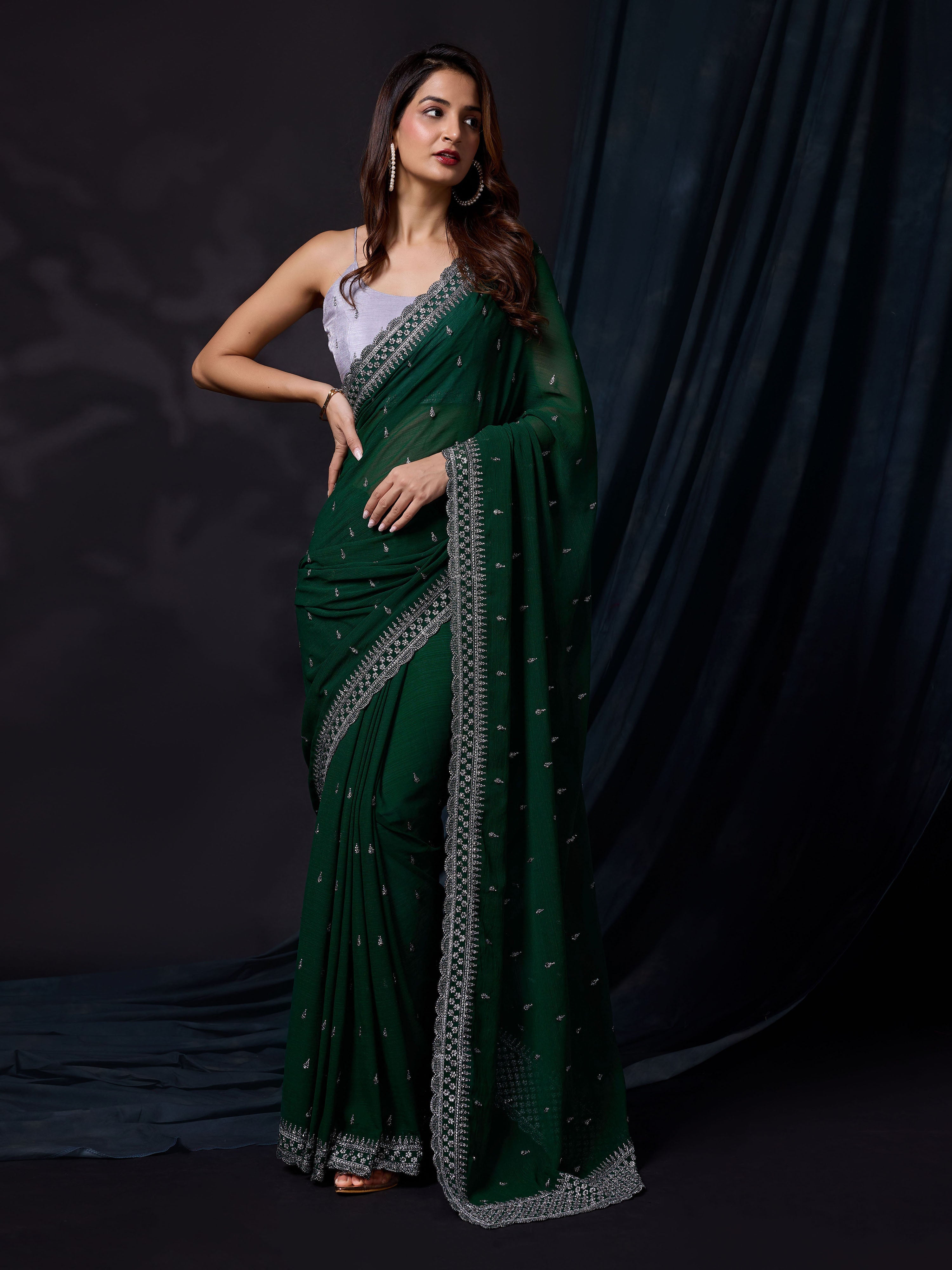 Darkgreen Vichitra Silk Embroidery Work Saree with Unstitch Blouse Piece For Women's Trendmalls