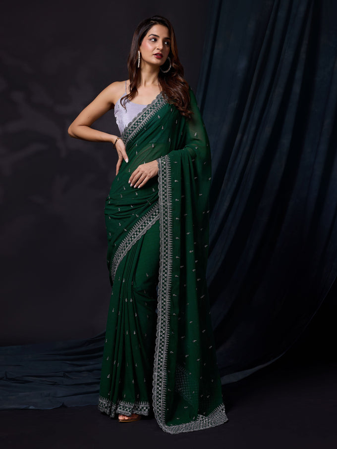 Darkgreen Vichitra Silk Embroidery Work Saree with Unstitch Blouse Piece For Women's Trendmalls