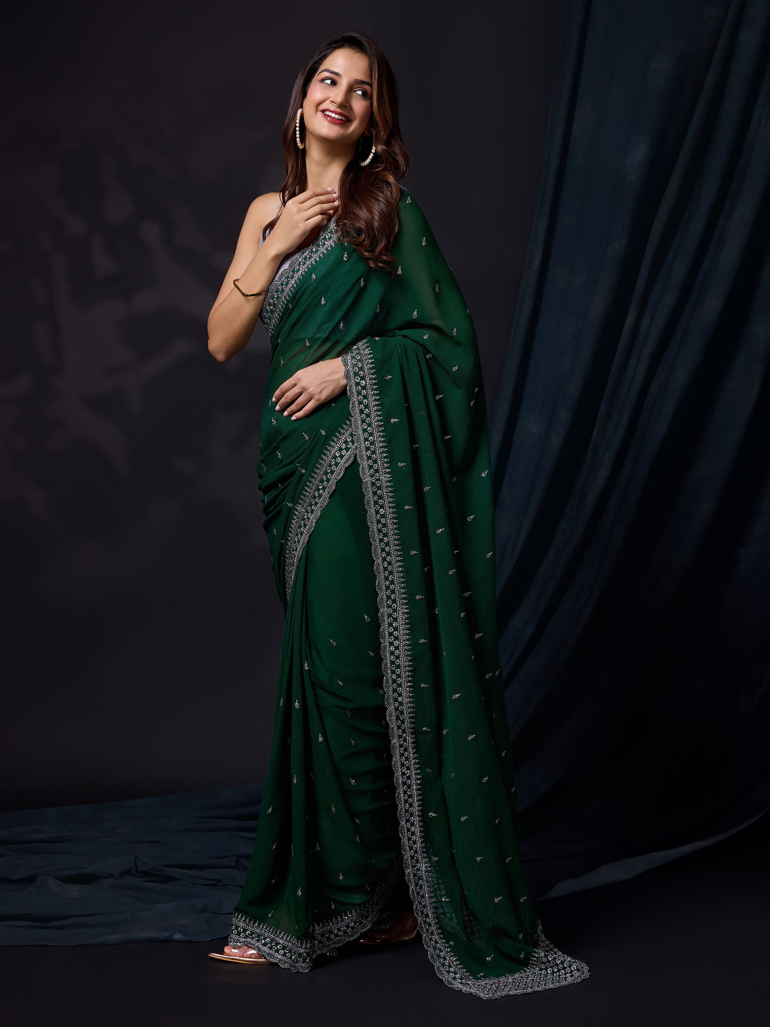 Darkgreen Vichitra Silk Embroidery Work Saree with Unstitch Blouse Piece For Women's Trendmalls