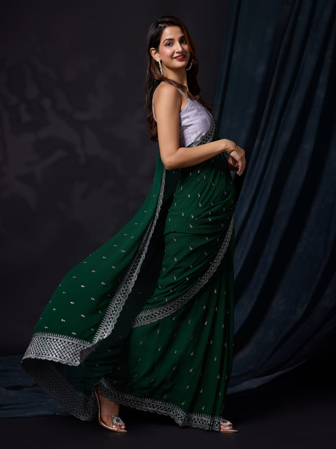 Darkgreen Vichitra Silk Embroidery Work Saree with Unstitch Blouse Piece For Women's Trendmalls