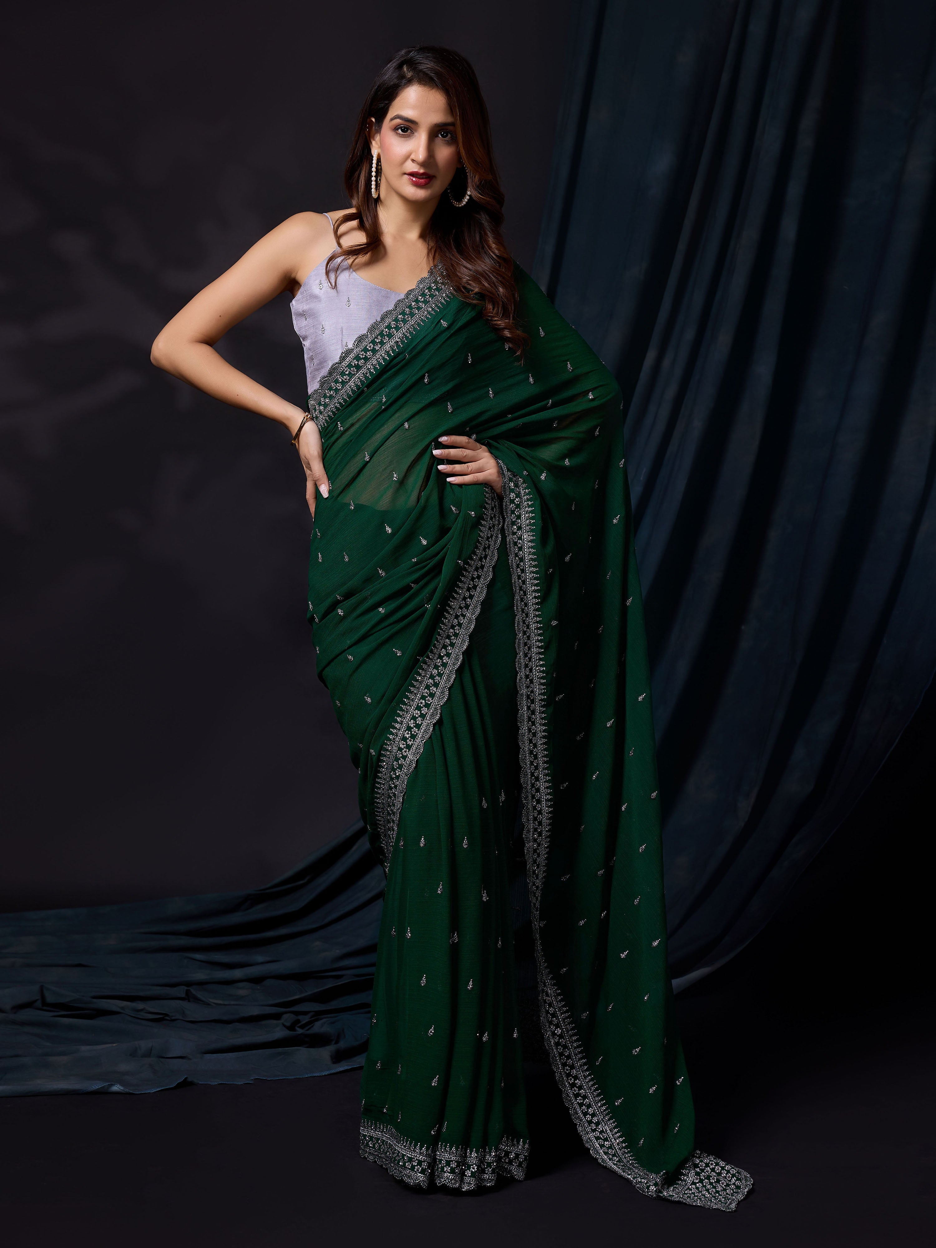 Darkgreen Vichitra Silk Embroidery Work Saree with Unstitch Blouse Piece For Women's Trendmalls