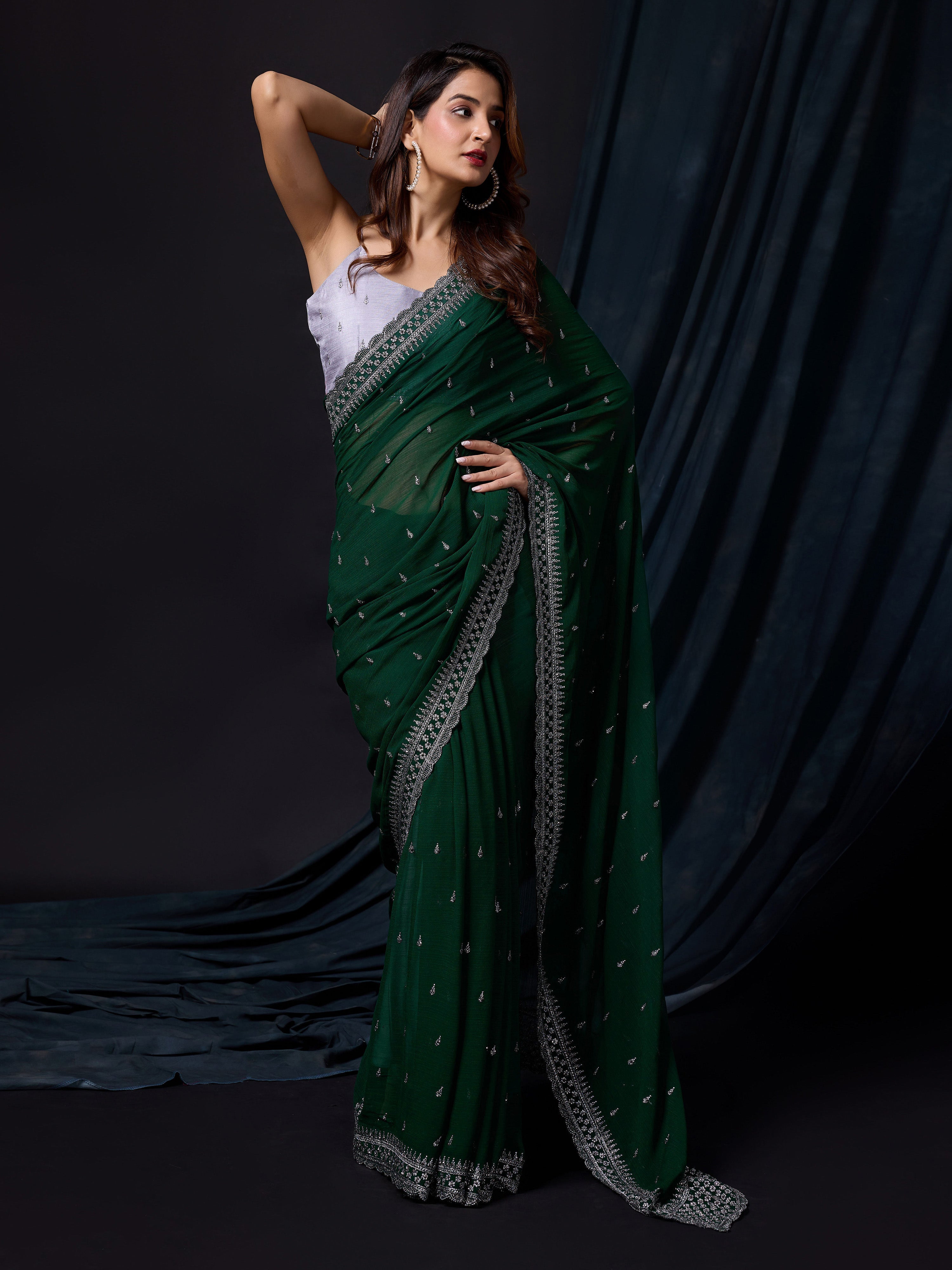 Darkgreen Vichitra Silk Embroidery Work Saree with Unstitch Blouse Piece For Women's Trendmalls