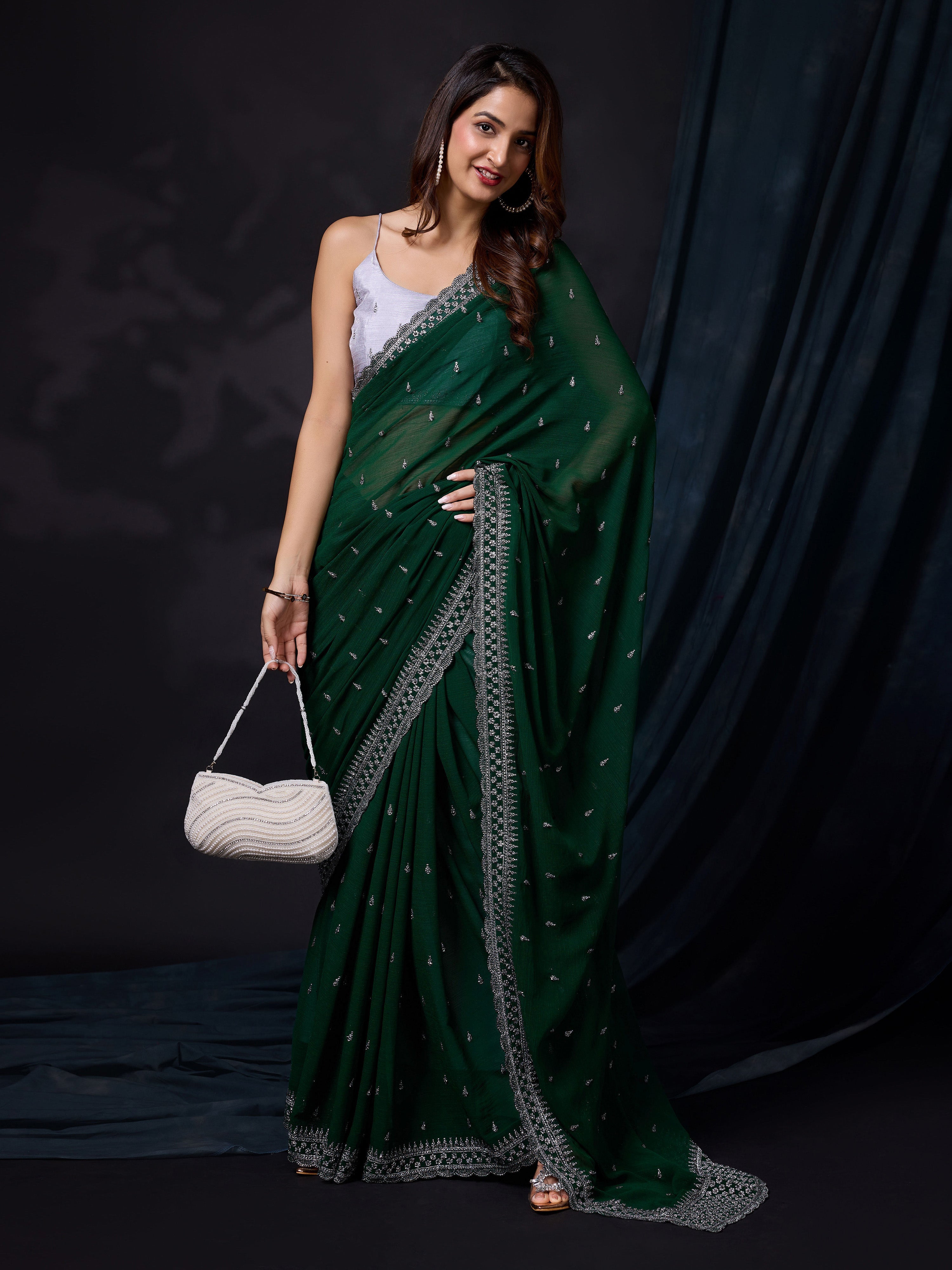 Darkgreen Vichitra Silk Embroidery Work Saree with Unstitch Blouse Piece For Women's Trendmalls