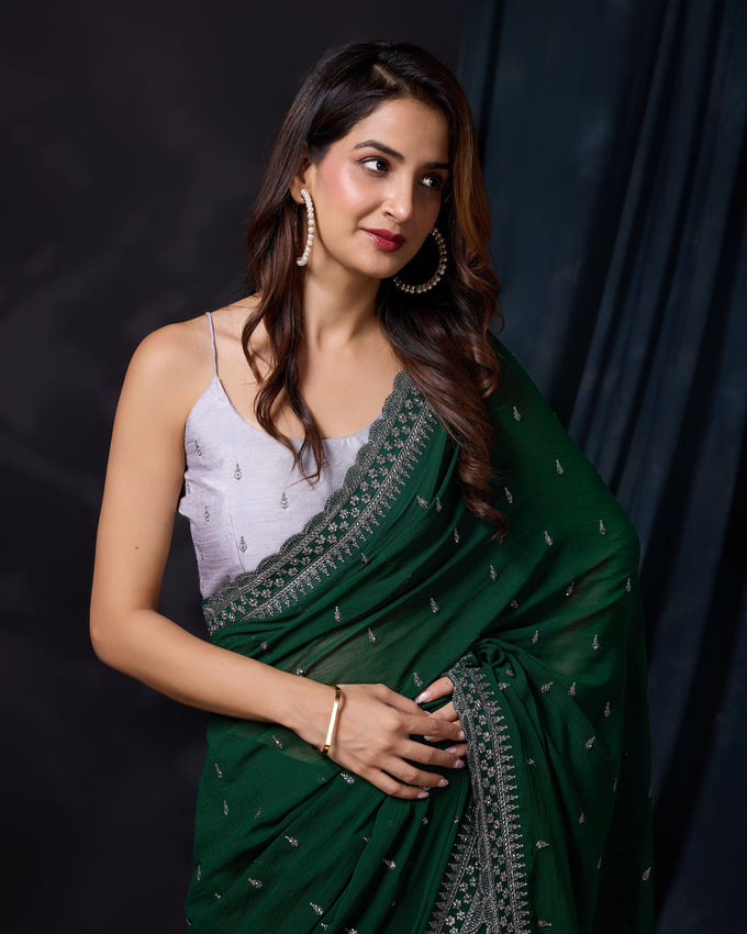 Darkgreen Vichitra Silk Embroidery Work Saree with Unstitch Blouse Piece For Women's Trendmalls