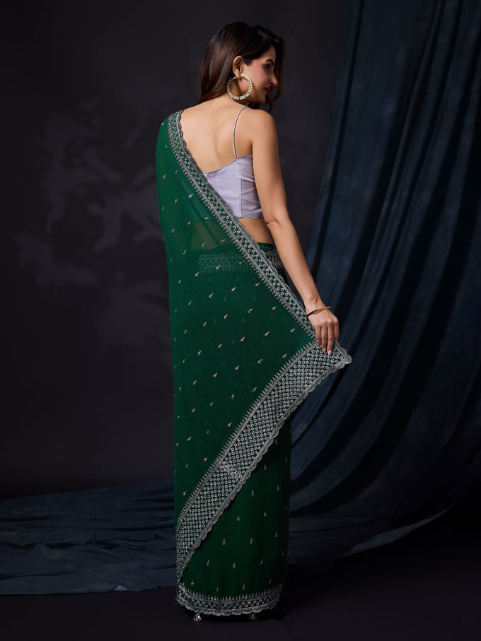 Darkgreen Vichitra Silk Embroidery Work Saree with Unstitch Blouse Piece For Women's Trendmalls