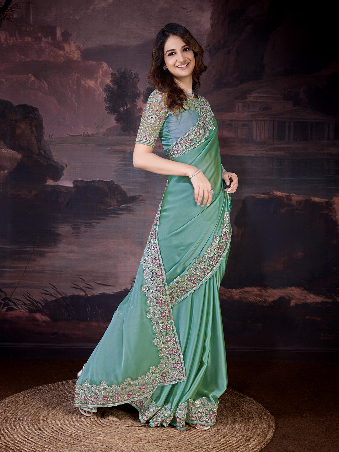 Women's Grey Rangoli Silk Embroidery Saree with Net Sequin work Blouse Piece Trendmalls