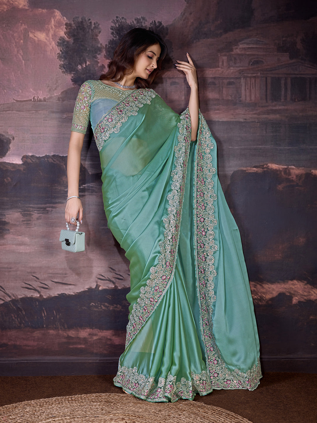 Women's Grey Rangoli Silk Embroidery Saree with Net Sequin work Blouse Piece Trendmalls