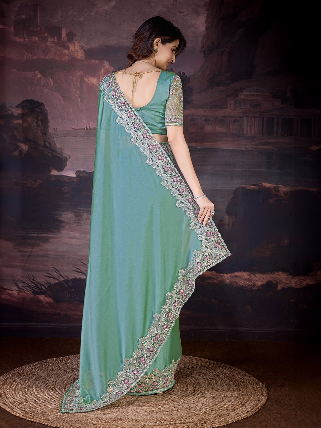 Women's Grey Rangoli Silk Embroidery Saree with Net Sequin work Blouse Piece Trendmalls