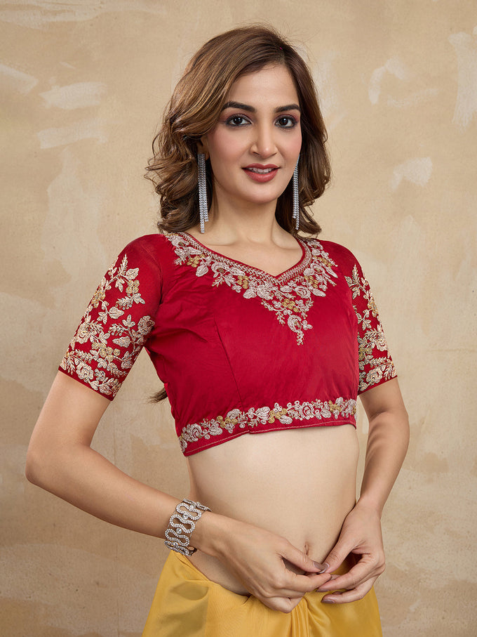 Women Yellow Silk Embroidery Work Saree with Blouse Piece Trendmalls