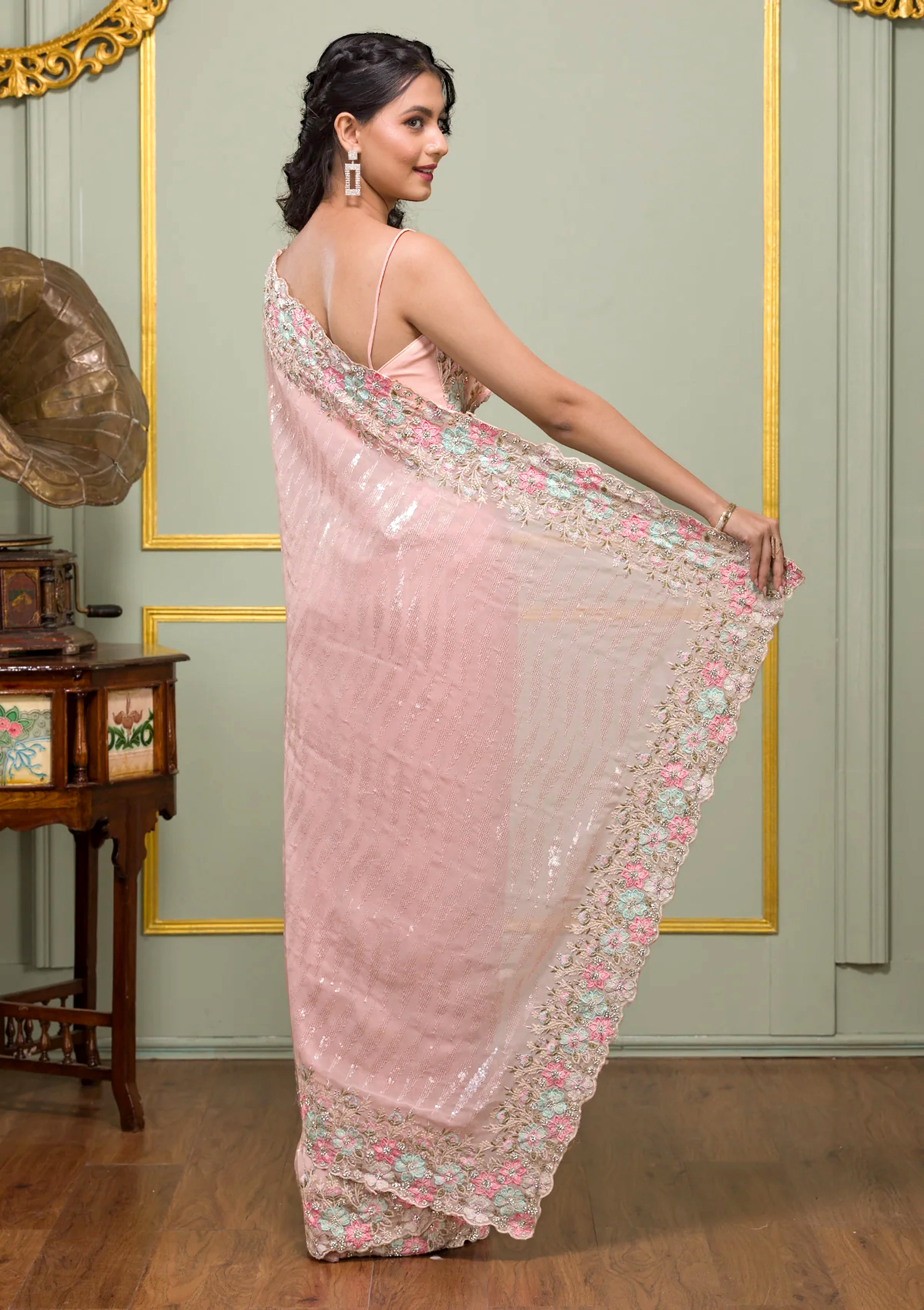 Georgette Embroidery Sequence Work Saree With Unstitched Blouse Piece