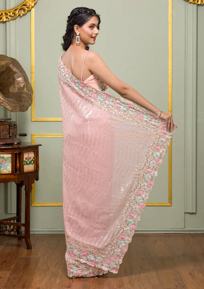 Georgette Embroidery Sequence Work Saree With Unstitched Blouse Piece