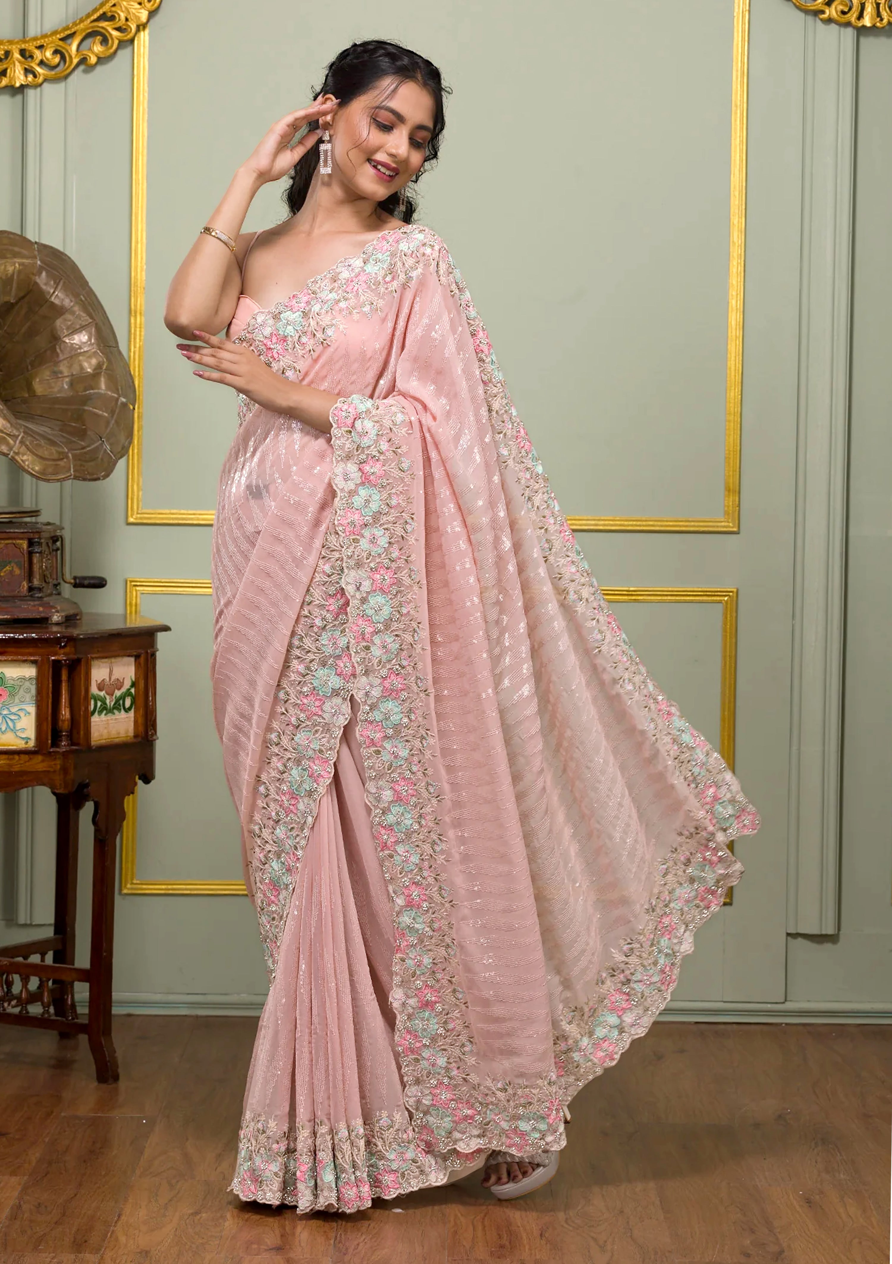 Georgette Embroidery Sequence Work Saree With Unstitched Blouse Piece