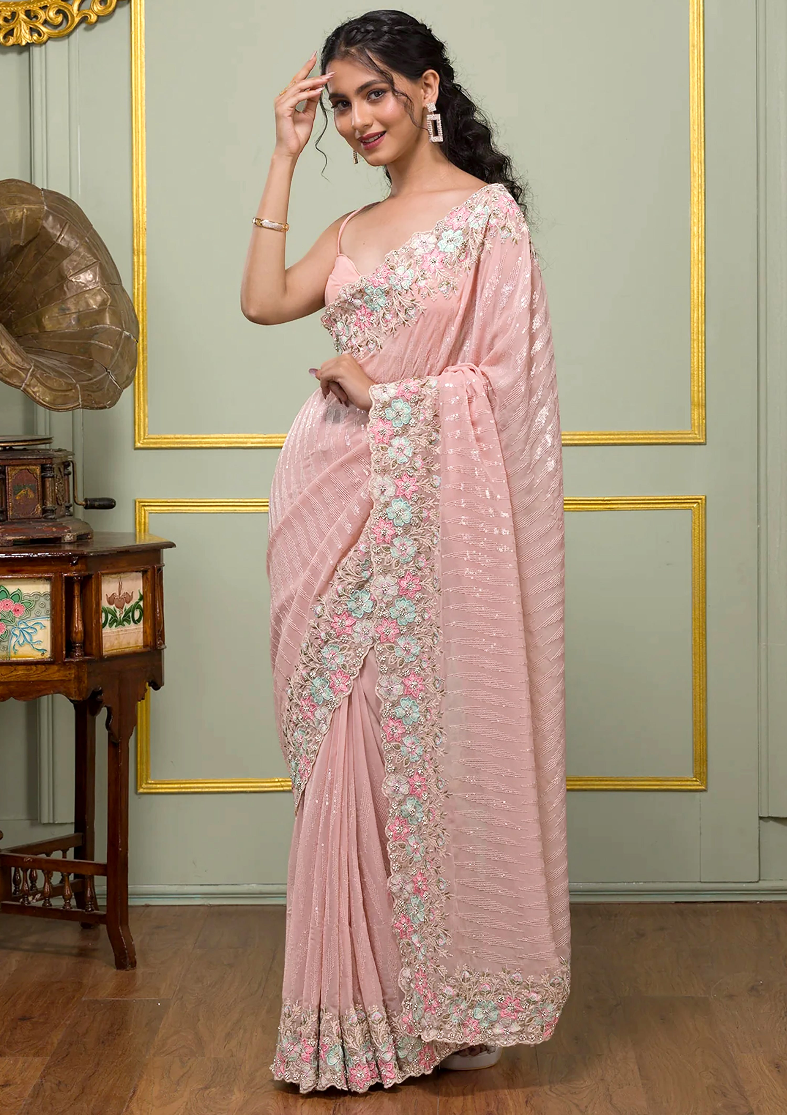Georgette Embroidery Sequence Work Saree With Unstitched Blouse Piece