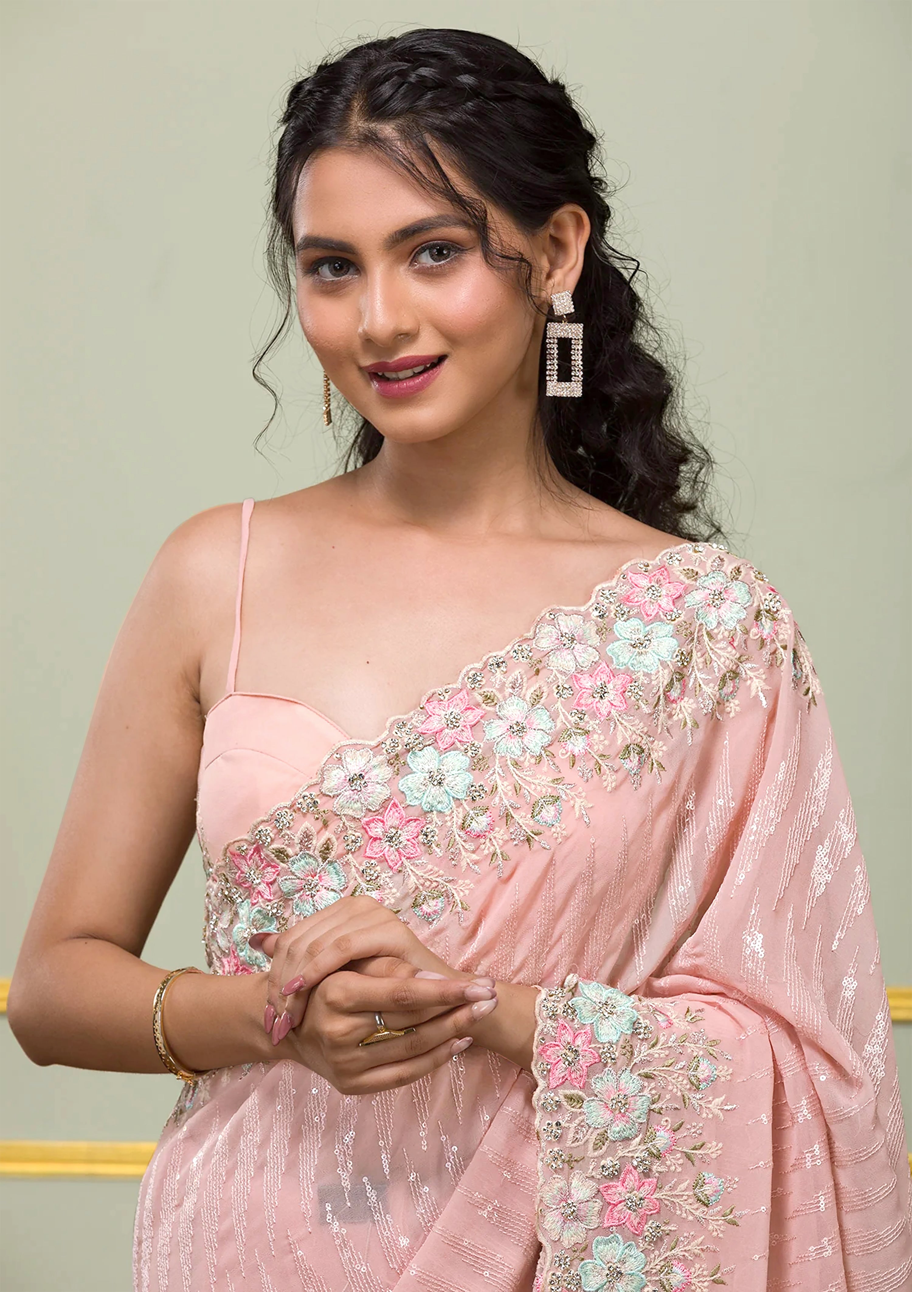 Georgette Embroidery Sequence Work Saree With Unstitched Blouse Piece