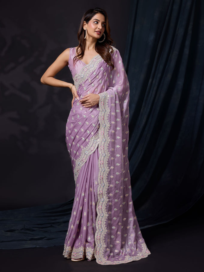 Women Satin Silk Embroidery Work Saree with Blouse Piece Trendmalls
