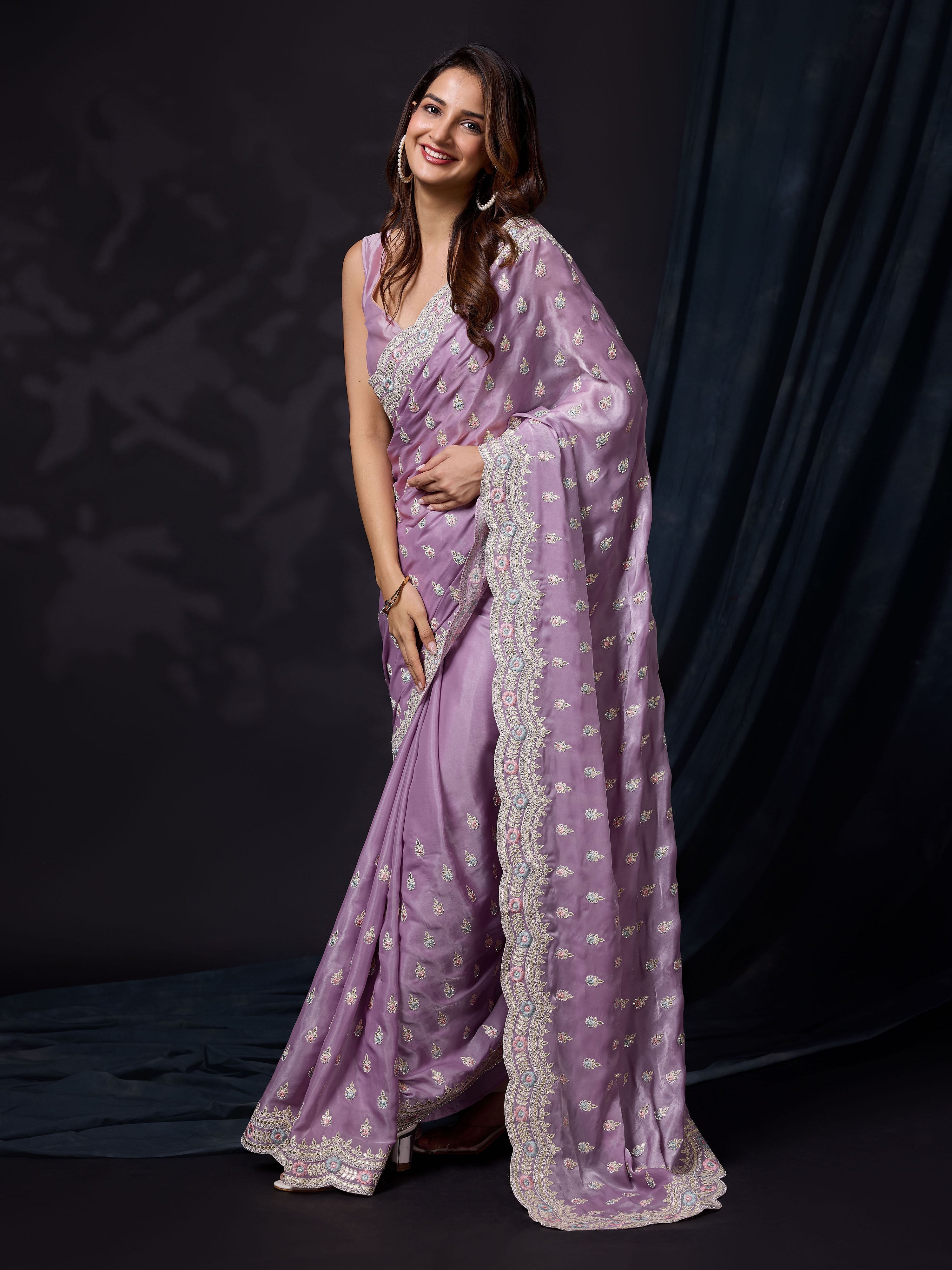 Women Satin Silk Embroidery Work Saree with Blouse Piece Trendmalls