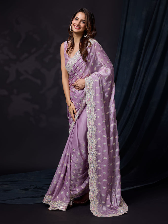 Women Satin Silk Embroidery Work Saree with Blouse Piece Trendmalls